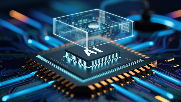 Closeup of an advanced GPU ram microchip or cpu of a powerful computer