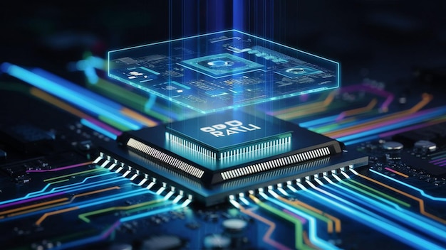 Closeup of an advanced GPU ram microchip or cpu of a powerful computer
