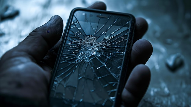 Closeup of someones hand holding a broken mobile phone in hand
