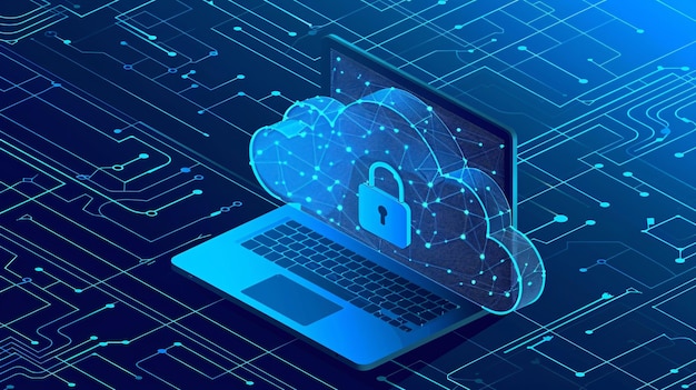 Cloud computing data security concept with a padlock protecting data transfer on a laptop computer