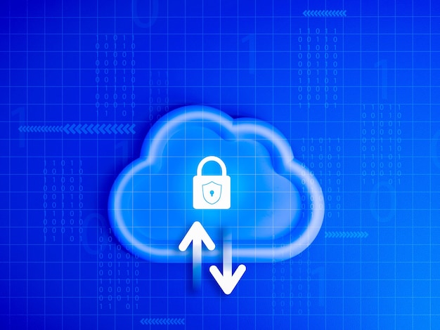Cloud computing storage digital data technology protection security concept Digital padlock icons with upload and download arrows on white cloud binary code and tech on network blue background