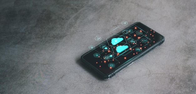 Cloud data storage interface concept smartphone or mobile with virtual screen of cloud