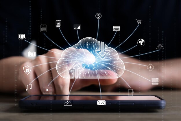 Cloud icon connecting to internet server service for downloading and uploading data on smartphones cloud icons on virtual screens and social media icons Applications and online businesses