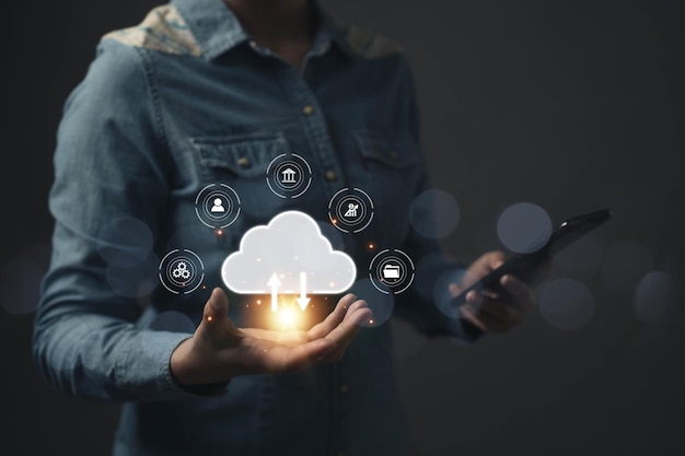 Cloud in hand Big data access concept with internet technology online transaction