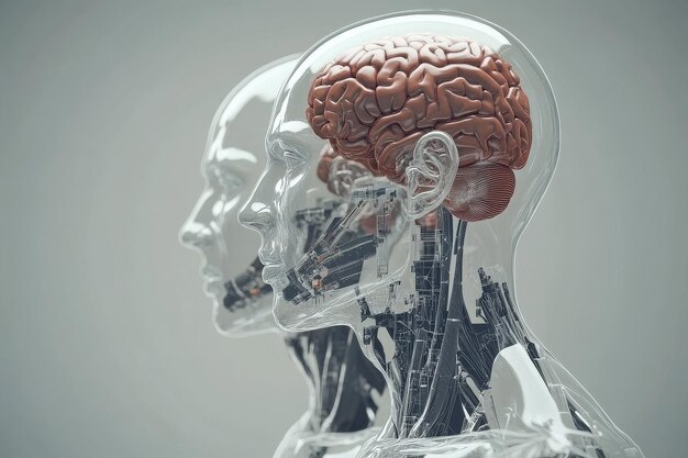 Cognitive development focus Transparent robotic head with visible brain symbolizing the fusion of a
