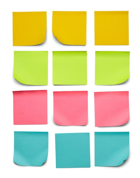 Collection of different colored pasted sheets of note papers stickers Isolated on white background