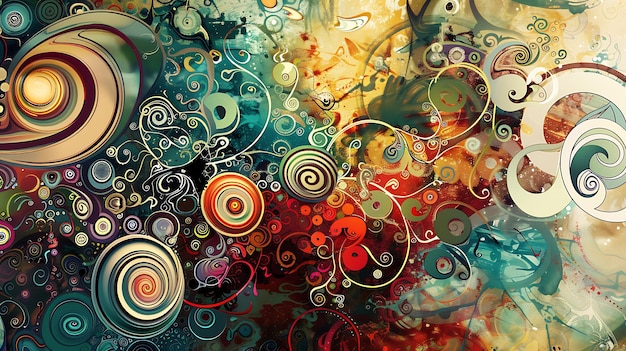 Colorful abstract painting with a variety of shapes and colors The painting has a vibrant energy and would be a great addition to any home or office