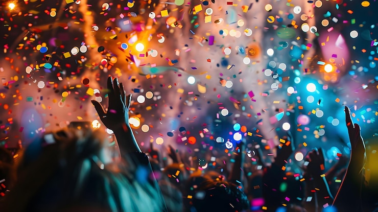 Fotoğraf colorful confetti falling over crowd at party photo