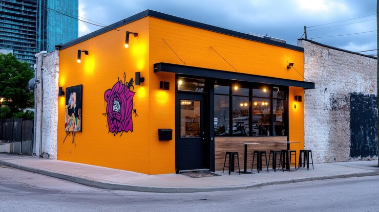 Colorful modern building with graffiti art on orange wall urban environment