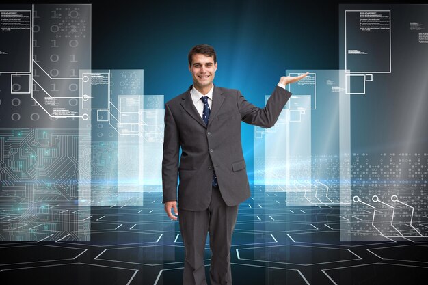 Composite image of happy attractive businessman presenting