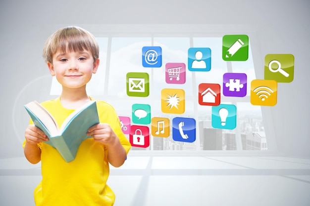 Composite image of happy pupil with book