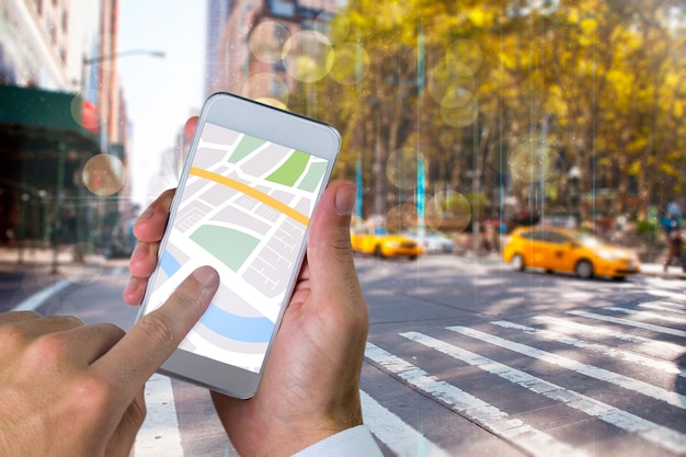 Composite image of man using map app on phone
