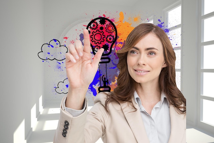 Fotoğraf composite image of smiling attractive businesswoman pointing