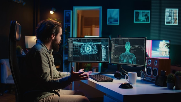 Computer engineer surprised by sentient artificial intelligence greeting him