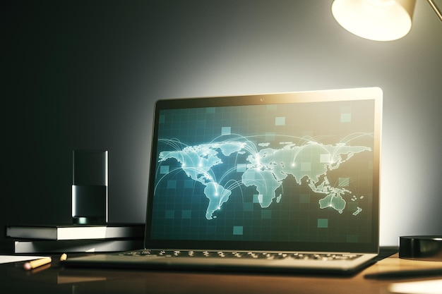 Computer monitor with abstract graphic digital world map with connections globalization concept 3D Rendering