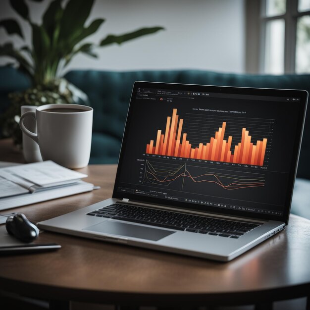 computer monitor with graph chart graph and financial data analysis 3D renderingcomputer mon