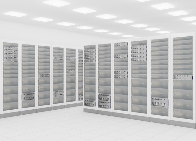 computer network server room 3d render representing internet and hosting company and data center concept