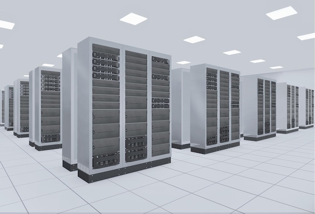 computer network server room 3d render representing internet and hosting company and data center concept