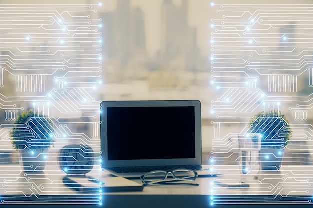 Computer on desktop in office with technology theme hologram Double exposure Tech concept