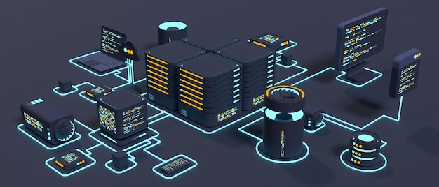 Computer technology 3D illustration Computation of big data center Cloud computing Online devices upload and download information Modern 3D illustration 3D rendering