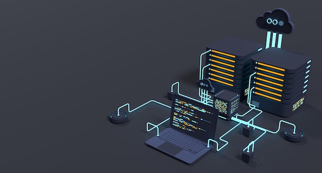 Computer technology 3D illustration Computation of big data center Cloud computing Online devices upload and download information Modern 3D illustration 3D rendering