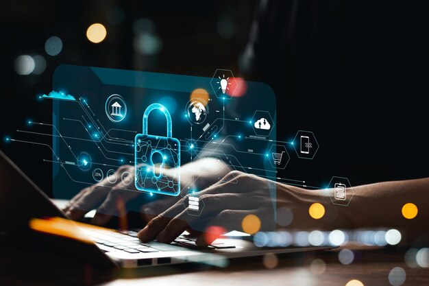 Concept of cyber security user type login and password keeping user personal data safe encryption secure internet access cyber security