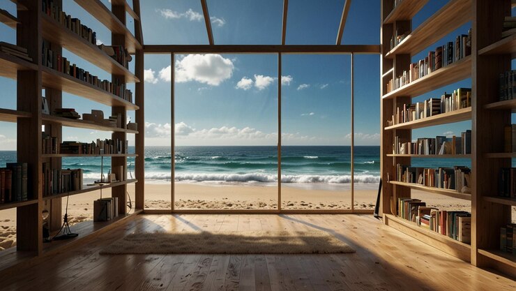 Contemporary home office with beach view bookshelf for virtual meetings Generative AI