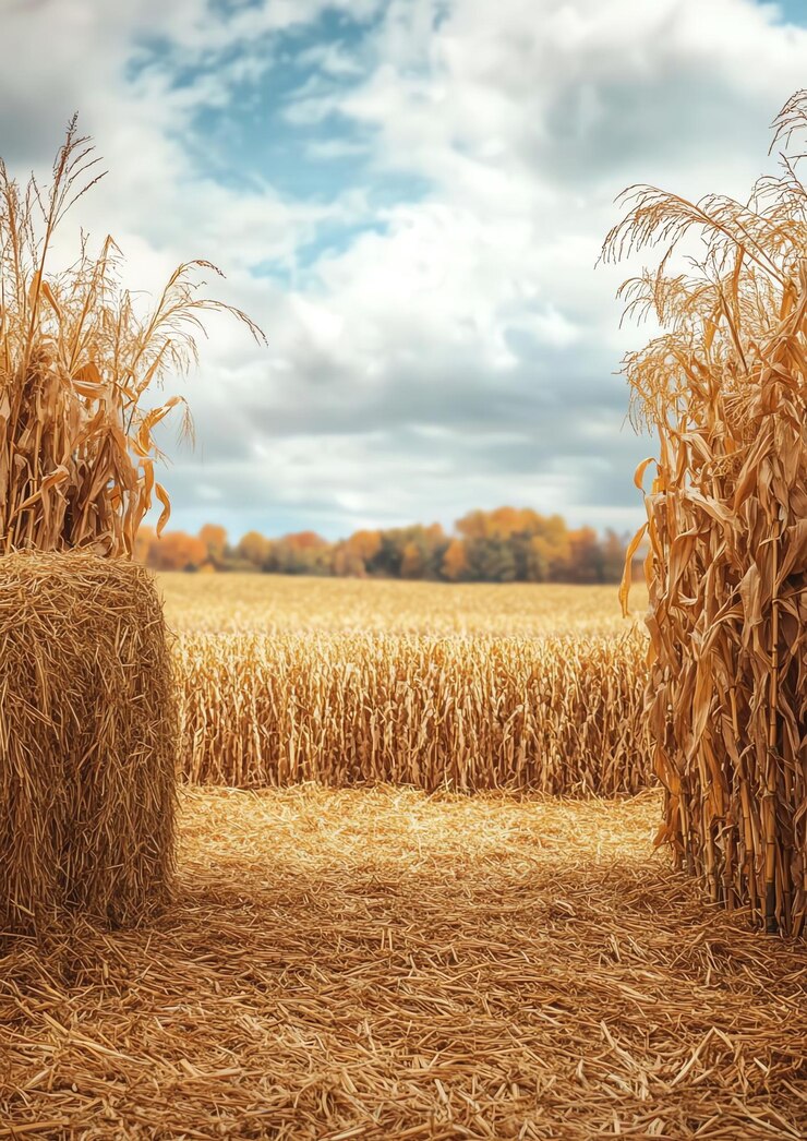 Cornstalks and hay bales watercolor border
