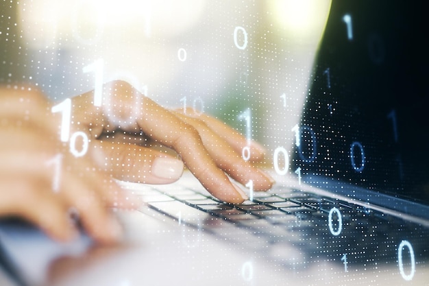 Creative abstract binary code sketch and hands typing on computer keyboard on background hacking and matrix concept Multiexposure