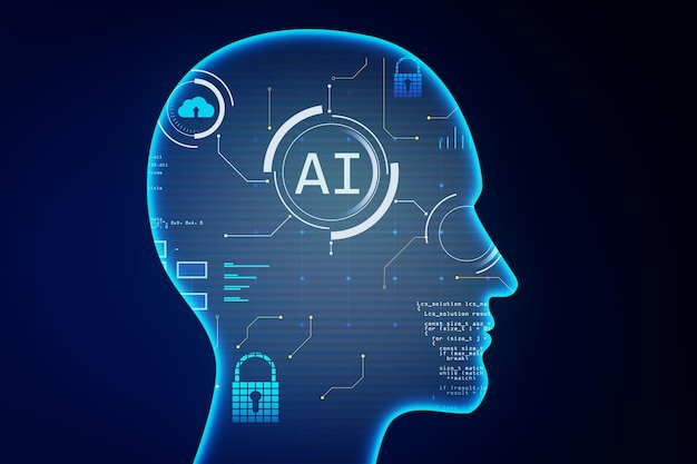 Creative ai head outline on dark backdrop Artificial intelligence and innovation concept 3D Rendering