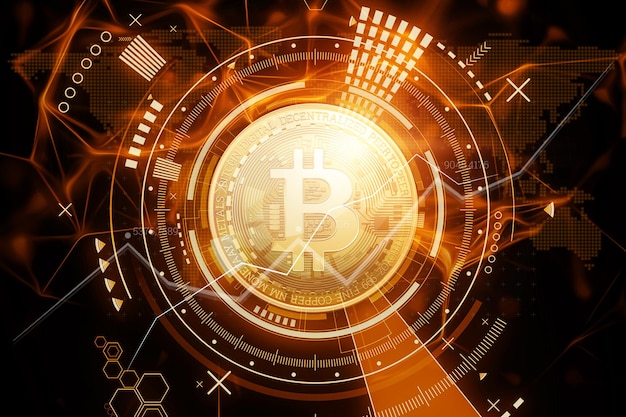 creative background, bitcoin gold coin, electronic money. blockchain transfer concept, cryptocurrency, data encryption. mixed media.