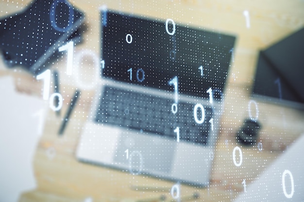 Creative concept of binary code illustration on modern laptop background Big data and coding concept Multiexposure