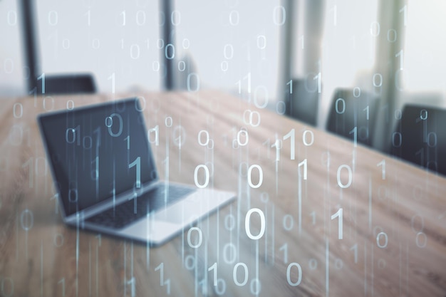 Creative concept of binary code illustration on modern laptop background Big data and coding concept Multiexposure