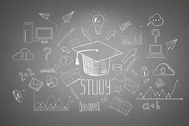 Creative education sketch on concrete wall backdrop Freehand drawing of school items Back to School concept
