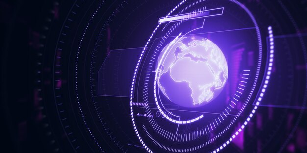 Creative glowing purple map or globe hologram on dark backdrop Earth metaverse and technology concept 3D Rendering