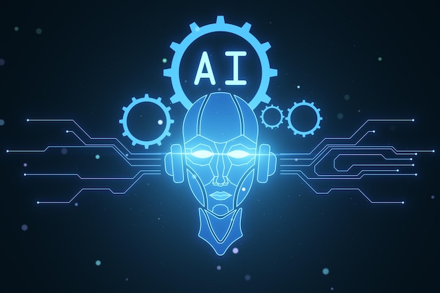 Creative glowing robot head and icons on dark blurry wallpaper Chat GPT machine learning and AI concept 3D Rendering