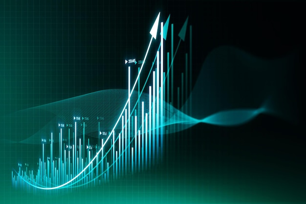 Creative growing business chart hologram on blurry blue backdrop Corporate future growth plan 3D Rendering