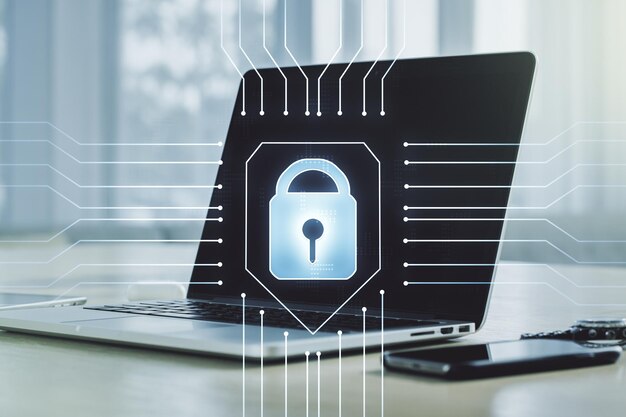 Creative idea concept with lock symbol and microcircuit illustration on modern laptop background Protection and firewall concept Multiexposure