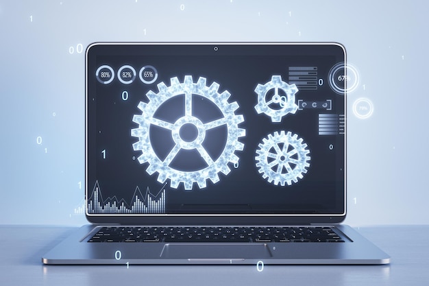 Creative laptop with glowing binary code cogwheel on screen Blurry light background Adjusting app setting options maintenance repair fixing 3D Rendering