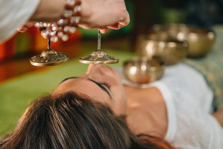 Fotoğraf cropped hand of therapist holding bell by young woman at spa