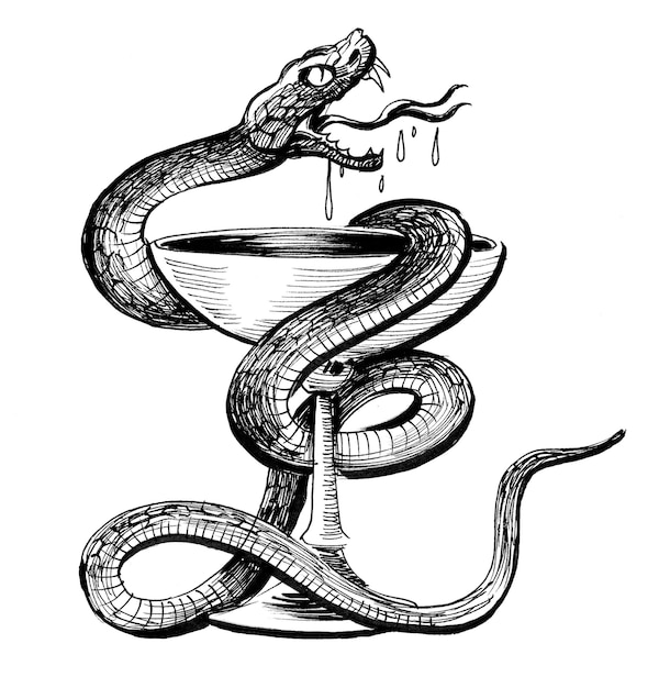 Cup and poisonous snake, Ink black and white drawing