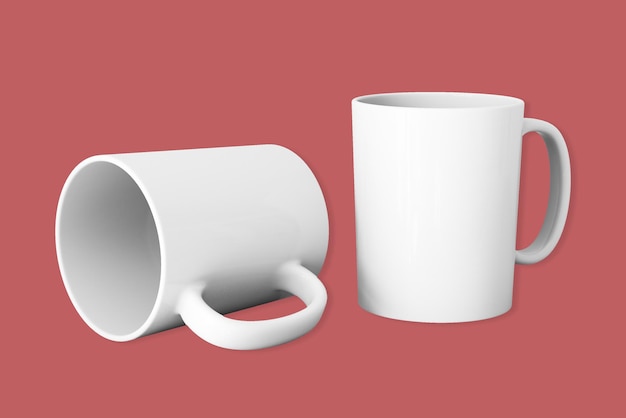 cup mock up two white ceramic on red background