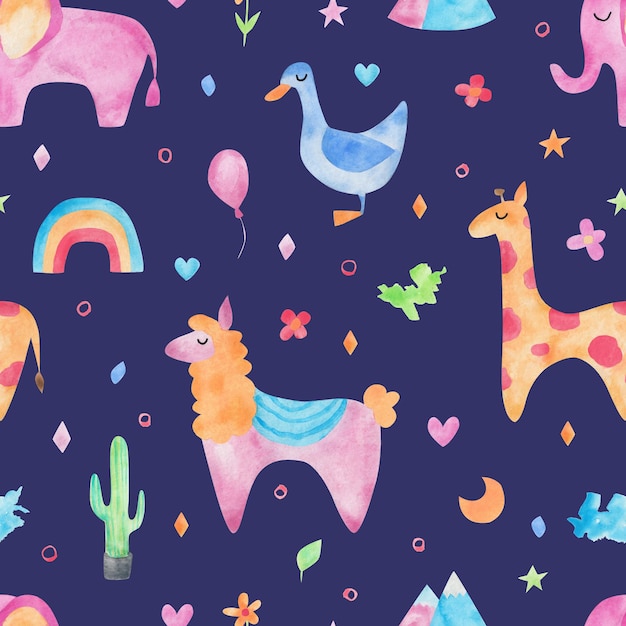 Cute animals llama whale giraffe elephant goose Watercolor pattern Children's design for textiles paper etc