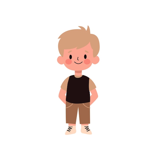 Cute little boy standing with hands in pockets cartoon character vector Illustration