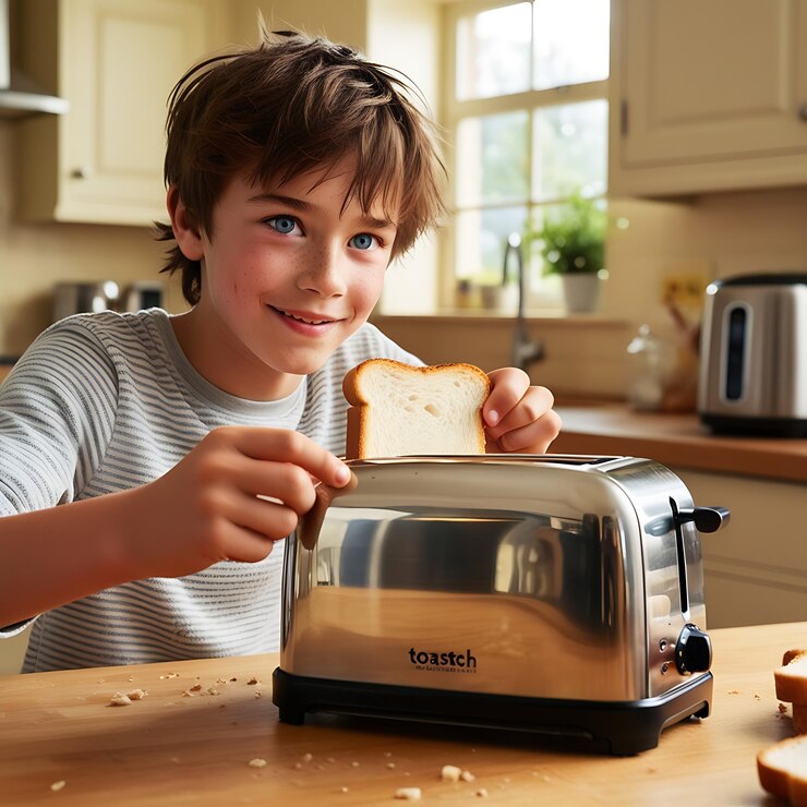 Cute little boy with toasted bread slice in kitchen