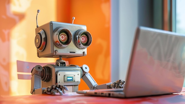 cute robot working on laptop