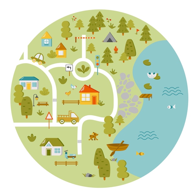 cute town map for kids room landscape with lot details vector illustration