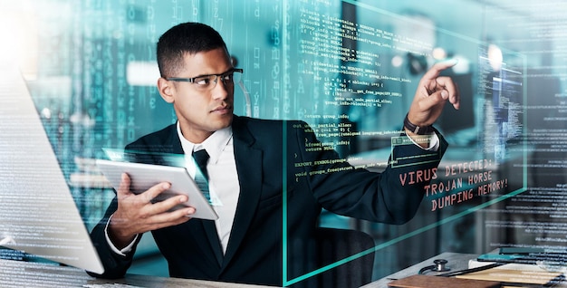 cyber it and digital overlay with password for security on biometric system in an office technology computer and businessman working on future abstract server or software for biometric blockchain