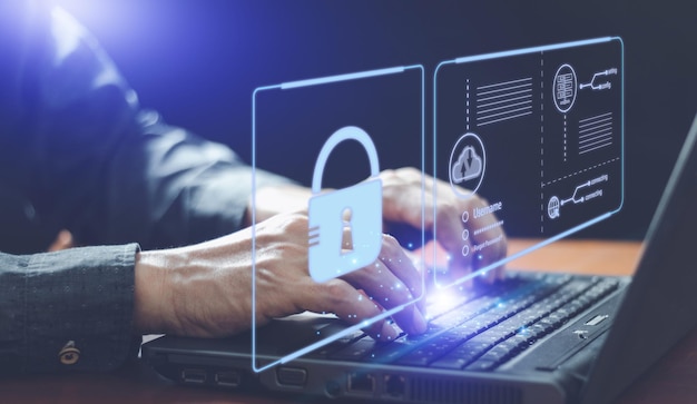 Cyber security online cybersecurity concept on internet user writing password on computer