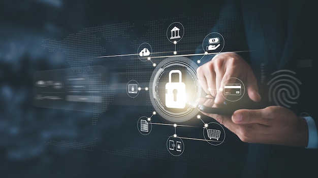 cybersecurity concept Global network security technology business people protect personal information Encryption with a key icon on the virtual interface